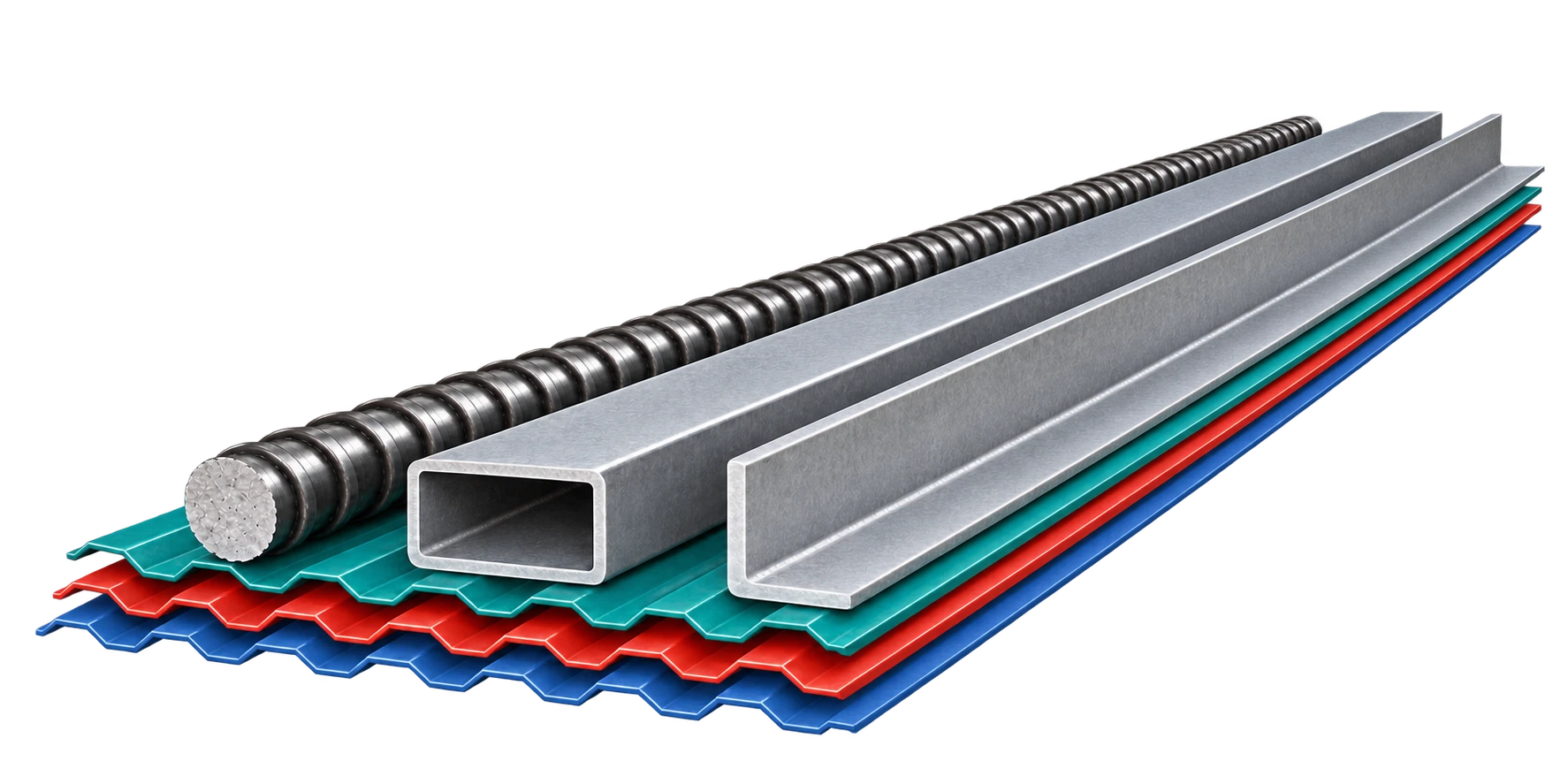 Thép xây dựng, sắt hộp chữ nhật và thép V trên ba tấm tôn xanh ngọc, đỏ và xanh dương, minh họa 3D chuyển động